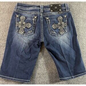 Miss Me Bermuda Jean Shorts Women’s Size 30x12 3/4 Rhinestones Embroidered Cross